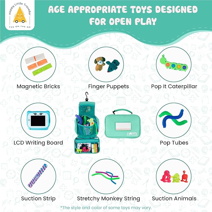 Travel Essentials for Kids – All-in-One Activity Kit for Travel, Road Trip Activities for Kids - Hanging Bag, Includes Toys and Activities for Airplanes, Hotels - Boys & Girls 3+ year, Toddler Seafoam