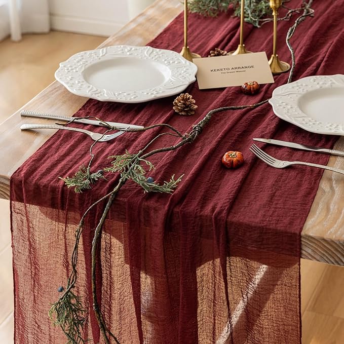 Burgundy Table Runner Red Cheesecloth Gauze 120 Inch 10 FT Rustic Boho Cheese Cloth Runner for Wedding Baby Shower Bridal Shower Birthday Party Long Sheer Home Decorations