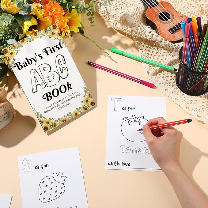 Geelin 51 Pcs Fun Baby Shower Game Activities First ABC Book Sign Coloring Game Card 26 Alphabet a to Z Coloring Card with 24 Watercolor Pen Storage Bag for Baby Shower Party(Sunflower)