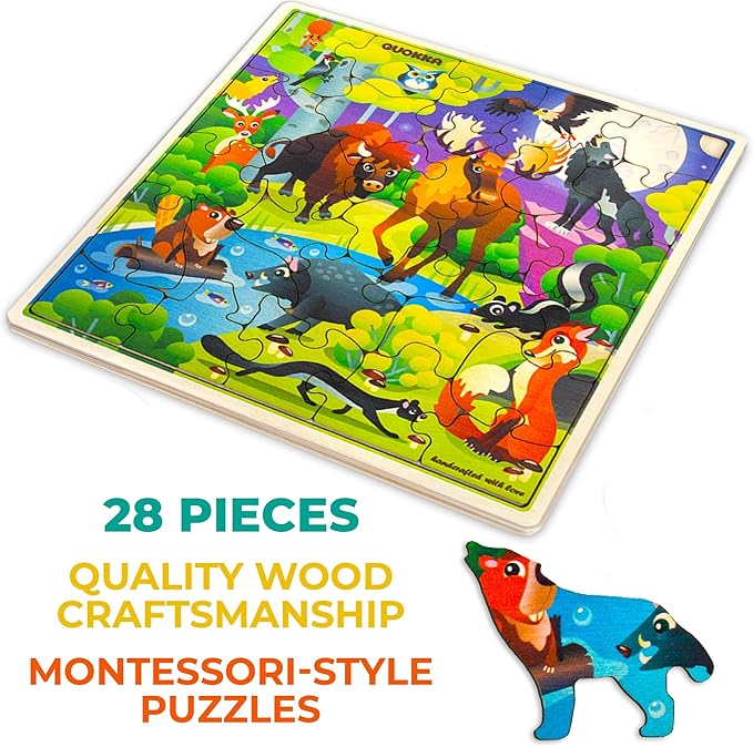 QUOKKA Wooden Wild Animals Puzzles for Kids Ages 3-5 – 28 Pieces Toddlers Kids Puzzles Ages 4-8 Year Olds – Wood Animal Toys for Children Games for Boys and Girls 6-8 yo