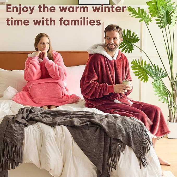 yescool Wearable Blanket Hoodie - birthday gifts for Adults/Women/mom, Flannel Cozy Sherpa Fleece Blanket Sweatshirt with Hood, Pocket & Sleeves, Large, One Size Fits All (Red)
