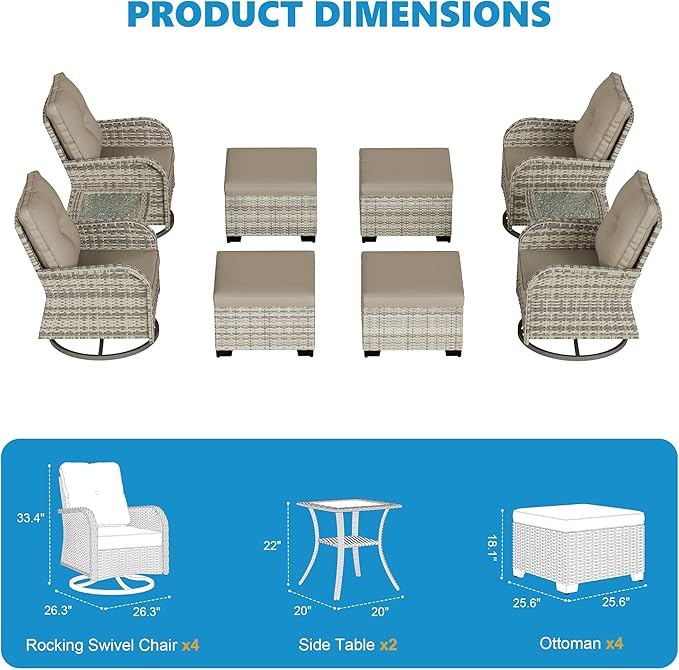 8-Piece Small Patio Furniture Set, Outdoor Swivel Rocking Chairs Set with Ottomans, Patio Bistro Set for Balcony, Deck, Porch, Khaki