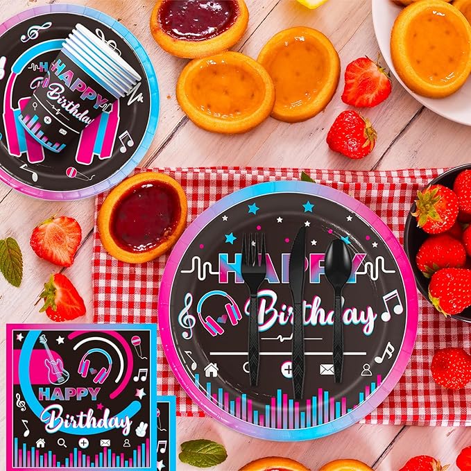 168Pcs Music Party Supplies Tableware Set Disposable Paper Plates Napkins Cups Cutlery for Music Party Theme Birthday Decorations, Serve 24 Guests