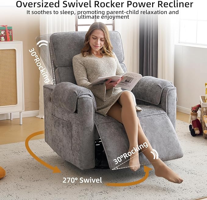Oversized Power Recliner Chair, 26" Extra Wide Swivel Rocker Recliner with Adjustable Headrest, Chenille Glider Rocking Nursery Chair with Overstuffed Armrest, USB Ports, Grey