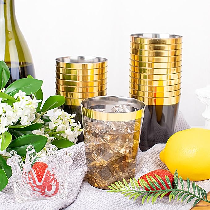 supernal 100pcs Gold and Black Plastic Cups 10oz Gold Rimmed Elegant Black Party Cups Heavy Duty Fancy Wedding Drinking Tumblers Plastic Cup for Party and Birthday