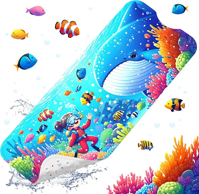 XIYUNTE Baby Bath Mat for Tub Non Slip Kids Bath Mat - 40''x16'' Extra Long Cartoon Whale Baby Bath Tub Mat Eco-Friendly Toddler Bath Mats with Suction Cups & Drain Holes Easy to Clean & Easy Drying