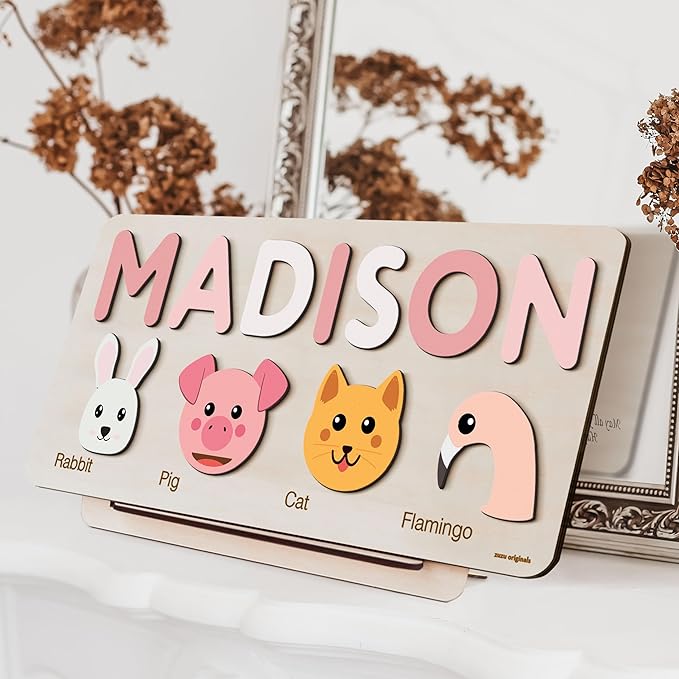 Baby Custom Name Puzzle with Animals, Custom Handmade Birthday Gift for Kids, for Toddlers, Special New Baby Gift, Wood Puzzle
