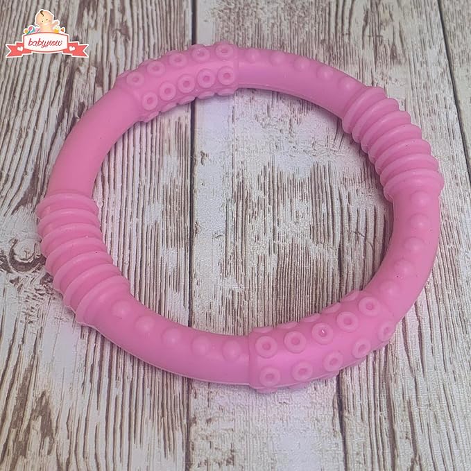 Babynow Teething Rings - Sensory Teether Ring Pacifiers for Baby 0-12 Months Sensory Chew Toy Safe Toddler Comforter Soother Infant Dummie Toy - Pink 2 Pack