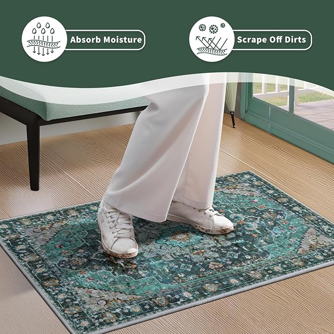 Ciicool Boho Machine Washable Area Rug, 4x6 Rugs for Living Room Non-Slip Bedroom Rug Vintage Rug Ultra-Thin Throw Distressed Large Low-Pile Carpet for Dining Room Office
