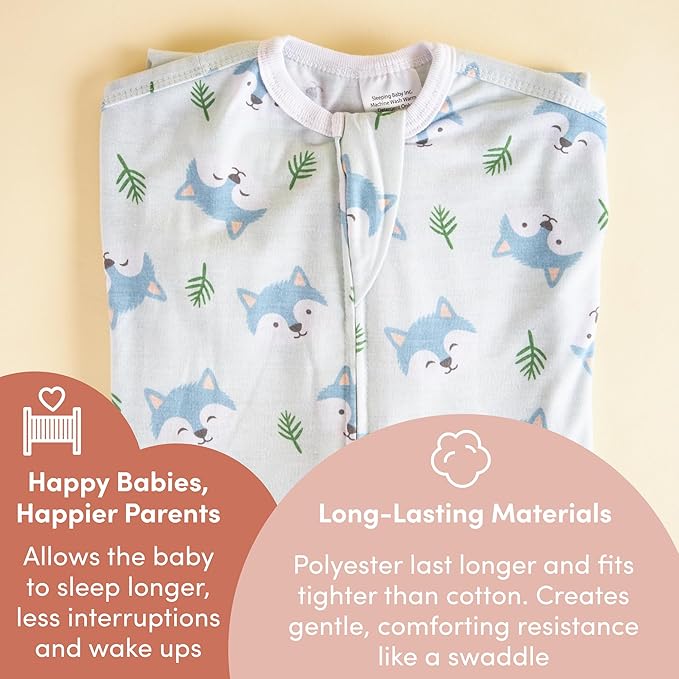 SleepingBaby Zipadee-Zip Transition Swaddle - Cozy Baby Swaddle Blanket with Zipper Convenience - Roomy Wearable Blanket for Easy Diaper Changes - Happy Wolf, X-Small (3-6 Month)
