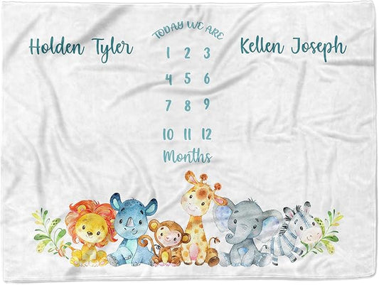 MDPrints Personalized Twin Milestone Blanket, Custom Monthly Baby Blankets with Name for Boys and Girls, 30x40 & 50x60inch Soft Plush Fleece (Zoo)