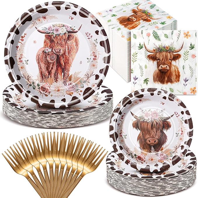 Domensi 200 Pcs Highland Cow Party Supplies for 50 Guests Include 100 Pcs Cow Print Plates 50 Napkins Paper 50 Forks Farm Animal Theme Party Tableware Kit for Birthday Baby Shower Decorations