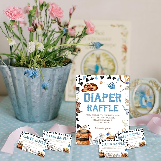 Western Cowboy Diaper Raffle Set For Baby Shower - 50 Raffle Tickets With 1 Standing Sign -Announcement, Gender Reveal Baby Shower Party Decoration Game Set - A07