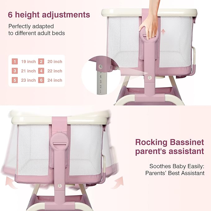 Bedside Cribs 3 in 1 Baby Bassinet Bedside Sleeper with Adjustable Height Easy Folding Portable Crib Comfy Mattress and Wheels - Pink