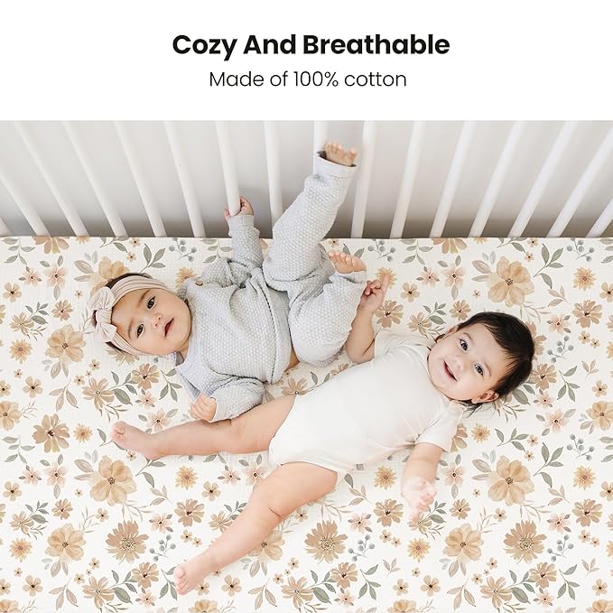 Konssy Muslin Crib Sheets 2 PCS 100% Cotton Baby Crib Sheets for Standard Crib Mattress (28" x 52"), Soft and Breathable for Boys, Girls (Toffee, Flourish)