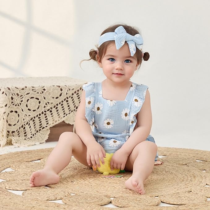 Baby Girls Floral Cotton Leotard Romper Newborn Daisy Playsuits Ruffled Sleeve Onesie Infant Jumpsuit Clothes Headband