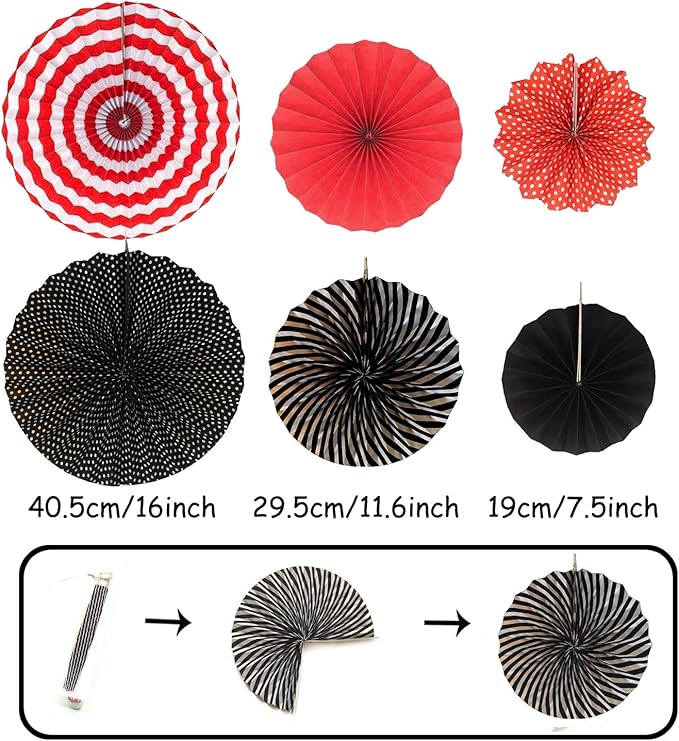 ZERODECO Party Decoration, 21 Pcs Black and Red Hanging Paper Fans Pom Poms Flowers, Garlands String Polka Dot and Triangle Bunting Flags for Minnie Mouse Birthday Parties Baby Showers Wedding