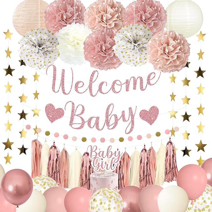 Amandir Dusty Pink Girl Baby Shower Decorations Welcome Baby Banner, Cake Topper, Paper Lanterns, Gold Balloons Pom Poms Flowers Tassels, Circle Dots Star Garland Gender Reveal Birthday Party Supplies