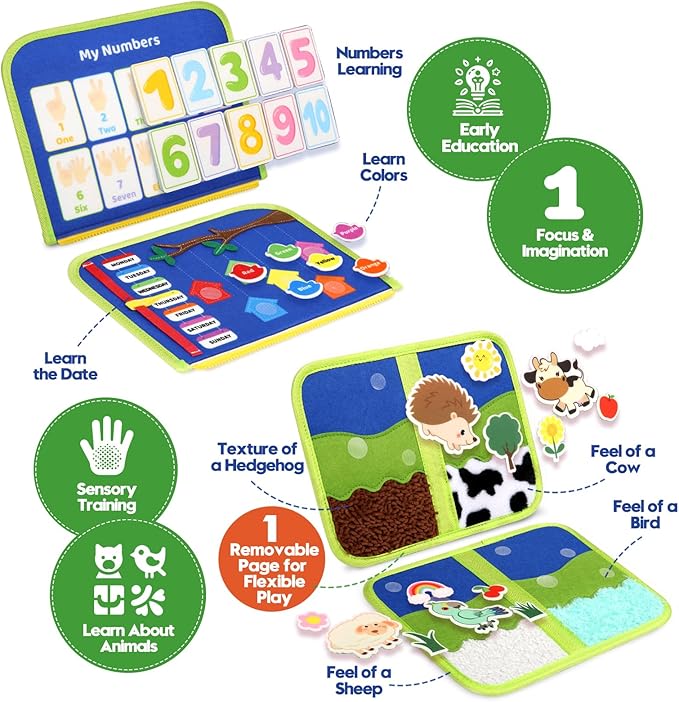 Toddler Sensory Busy Board: Travel Toy Activity Book for Girls Boys, Motor Skill Development Gift for Baby Aged 3-4 Years, Fine Educational Preschool Montessori Learning Toy for Car Airplane Dinosaur