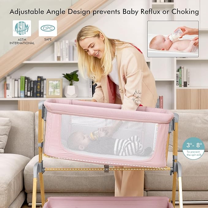 Bassinet Bedside Sleeper, Rocking Bassinets with Comfy Mattress and Wheels for Newborn, 5-Height Adjustable (Pink)