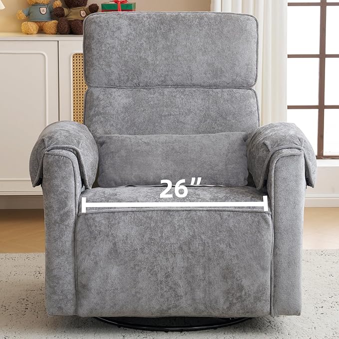 Oversized Power Recliner Chair, 26" Extra Wide Swivel Rocker Recliner with Adjustable Headrest, Chenille Glider Rocking Nursery Chair with Overstuffed Armrest, USB Ports, Grey