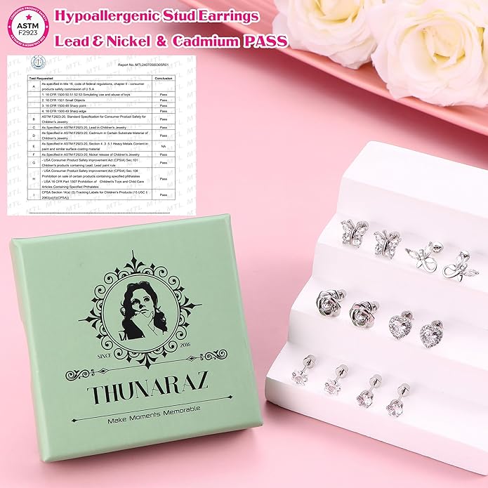 THUNARAZ Hypoallergenic Screw Back Earrings for Girls Women Surgical Stainless Steel Stud Earrings for Sensitive Ears Cute Butterfly Flower Heart CZ Screwback Earring Kid Toddler Girls Jewelry Gift