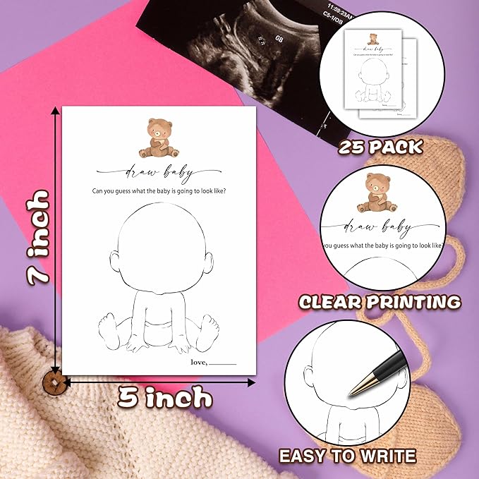 Draw Baby Games Set, Minimalism Baby Shower Party Game Card, Boho Bear Themed Gender Neutral Party Ideas Activities, Baby Shower Party Supplies & Decorations -A06