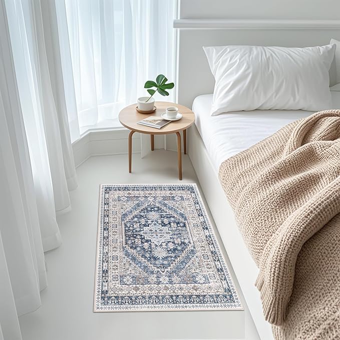 zesthome 2x3 Entryway Rug, Soft Washable Rugs, Non Slip Area Rug, Stain Resistant Low Pile Rugs for Bedroom, Vintage Rug for Door Mat, Kitchen (Blue/Beige,2'x3')