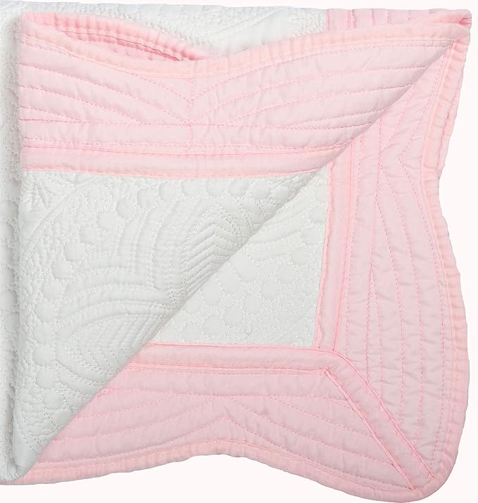 MONOBLANKS Baby Quilt Personlized Monogram Lightweight Embossed Scalloped Throw Blanket Four Seasons (White-Pink Trim)