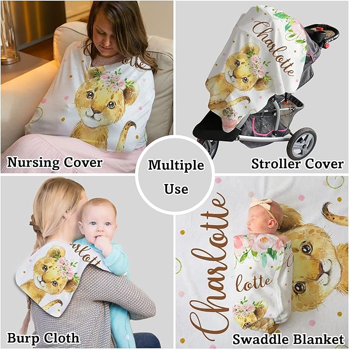 Arteaga Personalized Baby Blanket for Girls, Customized Lion Blanket, Super Soft Plush Fleece, 30''x40''