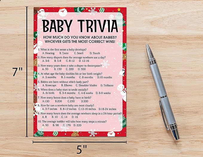 Baby Shower Game Cards, Baby Trivia Game, Christmas Party Cards for Gender Neutral, Set of 30 Cards(Chris002)