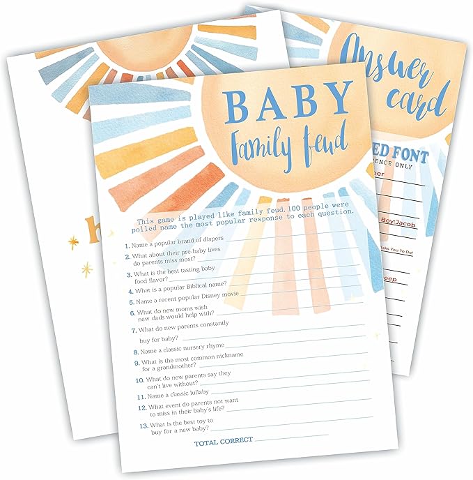 Baby Family Feud - Retro Sunshine Baby Shower Game Set - 30 Game Cards + 1 Answer Cards - Watercolor Sun Theme Baby Shower Game Kit, Gender Reveal, Baby Announcement Party Favor & Supplies - A05