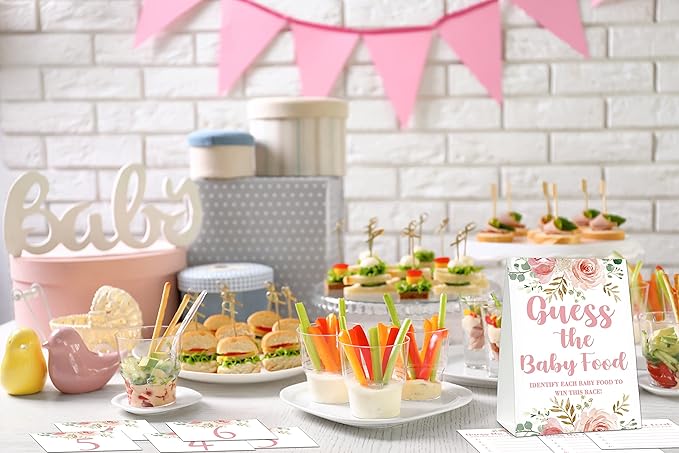 Baby Shower Game Set, Find The Baby Food Party Games(1 Standing Sign + 20 Answer Cards + 6 Number Cards), Floral Shower Games, Blush Pink Gender Reveal Party Favor Decor(A02)