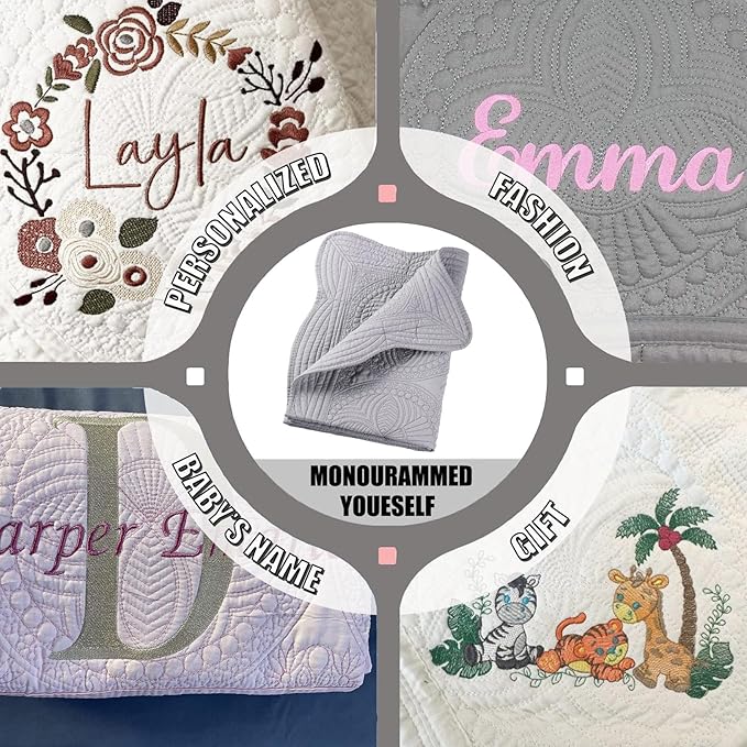 Embossed Baby Quilt Neutral Durable Lightweight Baby Blankets Four Seasons Cotton Nursery Bed Blankets for Personlized Monogram 46x36 Inches (Grey)