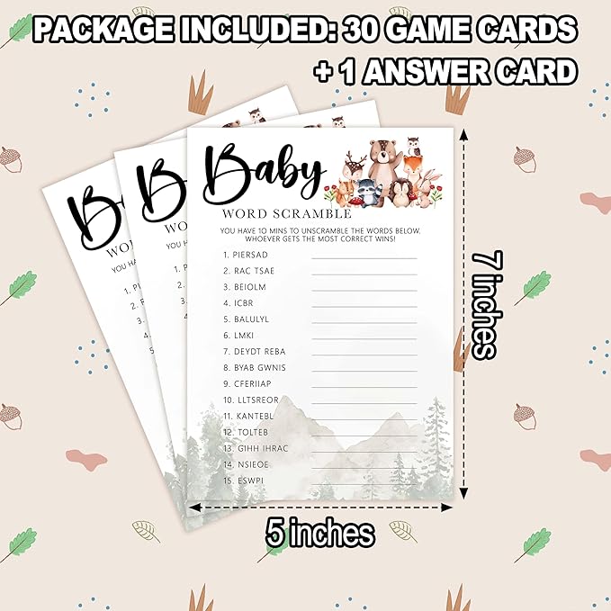 Baby Shower Games for Girl, 30 Safari Animals Baby Word Scramble + 1 Answer Card, Woodland Gender Reveal Party Decorations Supplies Favors - C07