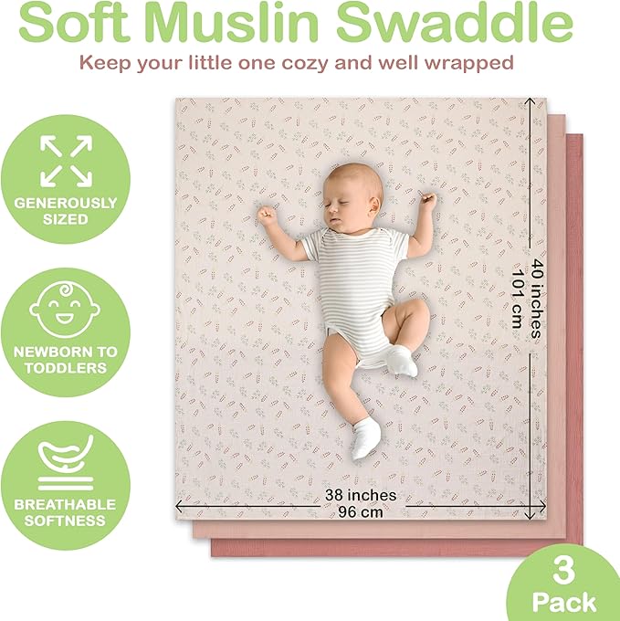 Organic Cotton Muslin Baby Blanket 3 Pack - 38x40 Inch Breathable Swaddle, Hypoallergenic Double-Layer, Versatile Use (Pink, Floral, Rust, 38x40 Inch)