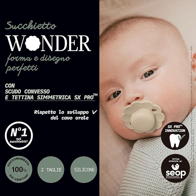 Suavinex Wonder Baby Pacifier, SX Pro Silicone Nipple, Reversible, Non Irritating Shield Design, 2 Pk Pacifiers 0-6 Months, Made in Europe, Mauve/Chalk