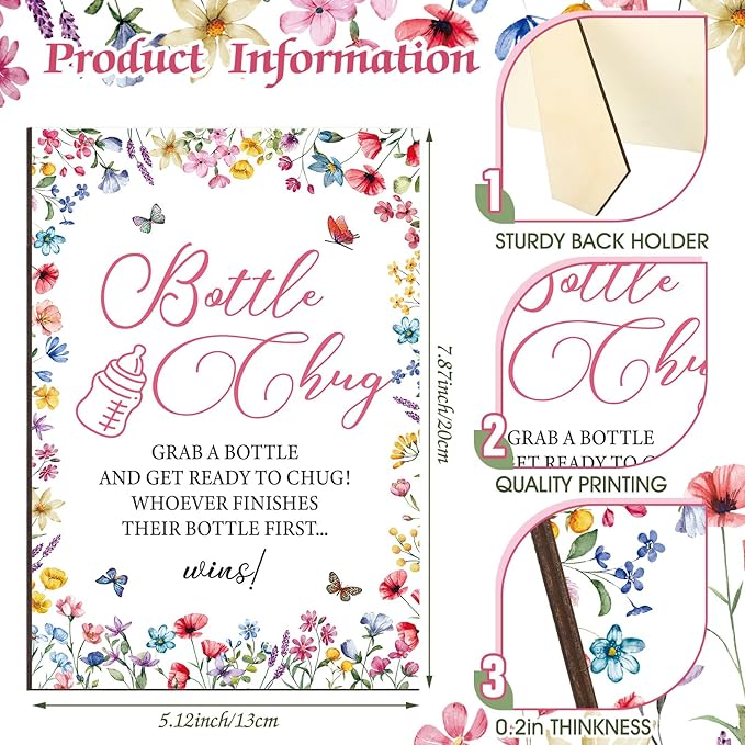 TrelaCo Wildflower Cool Baby Shower Games Wooden Bottle Chug Sign Wildflower in Bloom Gift Sets and 12 Pcs Baby Bottle Shower Favor for Wildflower Games Gender Reveal