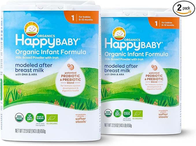 Happy Baby Organics Stage 1 Infant Formula, 0-12 Months, Milk Based Organic Baby Formula Powder with Iron, Probiotics & Prebiotics for Immune & Digestive Support, 22.9 Ounce (Pack of 2)