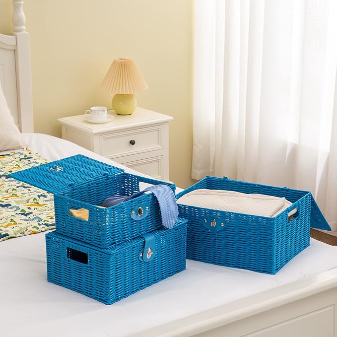 Set of 3 Woven Wicker Storage Basket Box with Lid & Lock, Built-in Carry Handles, Multifunctional Storage Organiser for Nursery, Baby, Clothes, Toys, Books, Large/Medium/Small Size (Sky Blue)