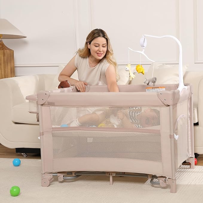 5 in 1 Pack and Play, Portable Travel Baby Bassinet, Foldable Travel Playard Playpen for Toddler, Bedside Crib Sleeper, Diaper Changer Table, Baby Playard for Newborn (Champagne)