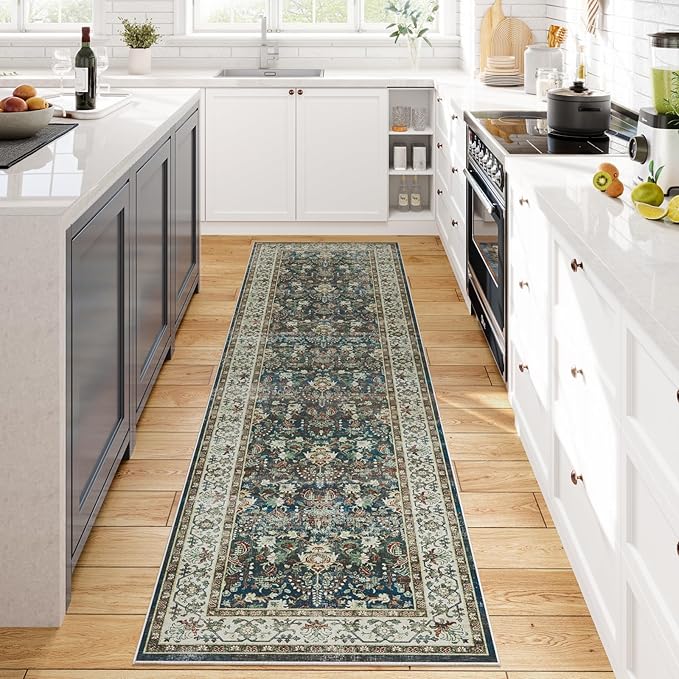 Dripex Hallway Runner Rug 2x10, Washable Rug Kitchen Rug Non Slip with Rubber Backing Soft Thin Vintage Carpet Runner for Entryway Bedroom Bathroom Laundry Room Living Room Decor, Blue/Green