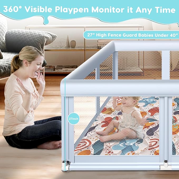 65" ×50" Large Baby Playpen with Mat, Baby Playard for Babies and Toddlers, Play Pens for Indoor & Outdoor, Sturdy Safety Play Yard with Soft Breathable Mesh, Anti-Fall, Grey