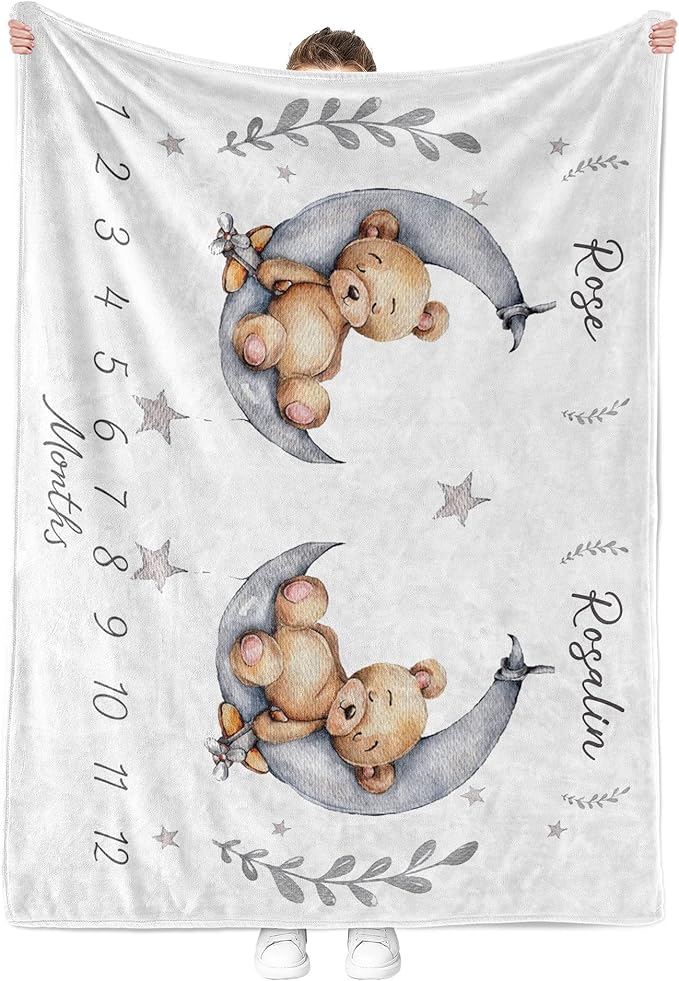 MDPrints Personalized Twin Milestone Blanket, Custom Monthly Baby Blankets with Name for Boys and Girls, 30x40 & 50x60inch Soft Plush Fleece (Teddy)