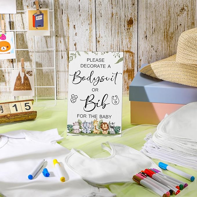 Roowest 35 Pcs Baby Shower Bibs Games Design Wooden Baby Shower Party Game Sign DIY Bodysuit Sign 15 White Blank Feeder Bibs 9 Newborn Bodysuit 10 Markers for Boys Girls(Jungle)