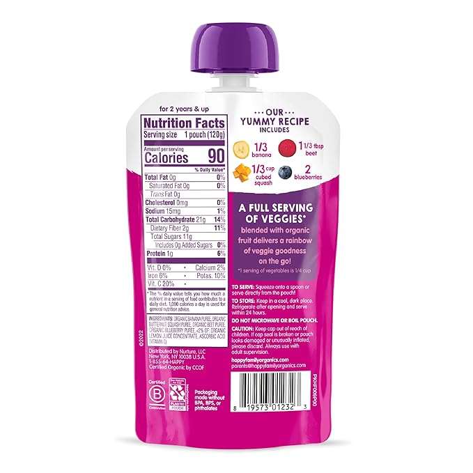 Happy Tot Organics Stage 4 Baby Food Pouches, Gluten Free, Vegan Snack, Love My Veggies, Fruit & Veggie Puree, Banana, Beet, Squash & Blueberry, 4.22 Ounce (Pack of 16)
