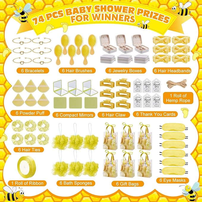 74Pcs Baby Shower Prizes for Game Winners Baby Shower Favors Gifts including Headband Hair Brush Jewelry Box with Gift Bag for Baby Shower Game Prizes Wedding Bridal Shower Favors (Yellow)