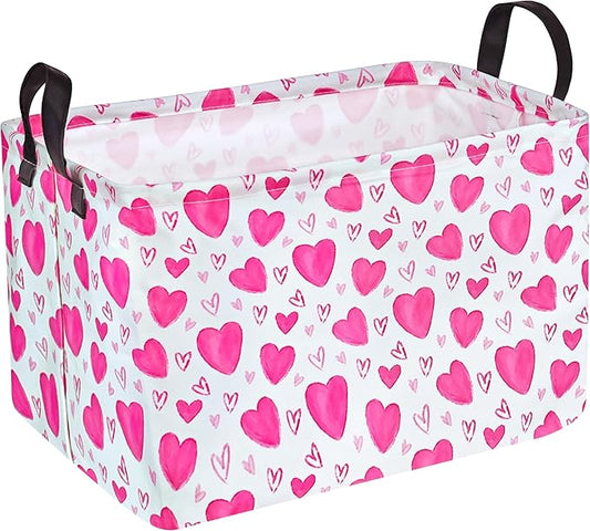 Rectangle Kids Gift Storage Basket Shelf Storage Basket Organizer Box Clothes Laundry Hamper Toys Nursery Basket Baby Laundry Basket with Handles(Pink Heart)