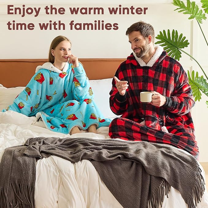 yescool Wearable Blanket Hoodie - birthday gifts for Adults/Women/mom, Flannel Cozy Sherpa Fleece Blanket Sweatshirt with Hood, Pocket & Sleeves, Large, One Size Fits All (Fries)