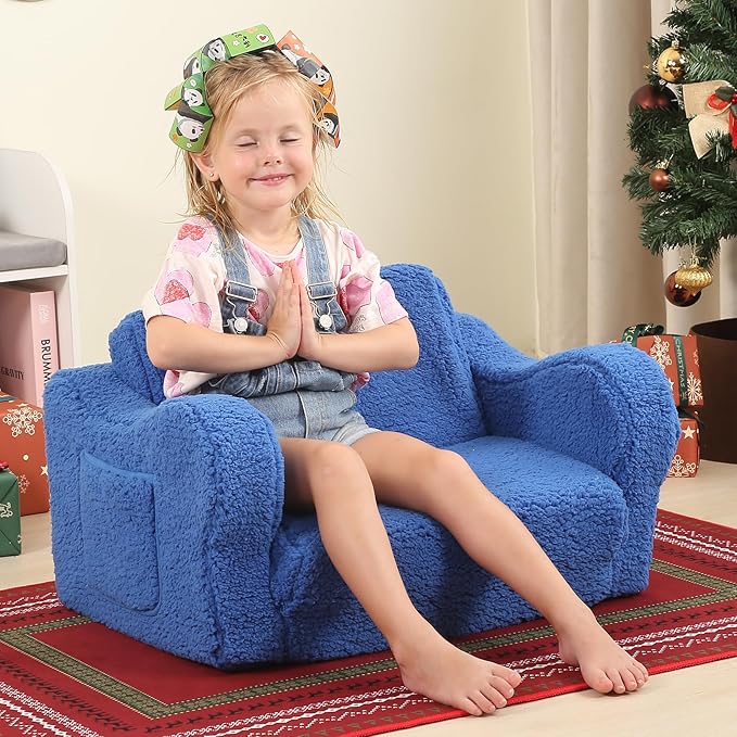 Kids Chairs for Toddler, 2-in-1 Toddler Soft Sherpa Couch Fold Out, Convertible Sofa to Lounger for Girls and Boys, Sky Blue